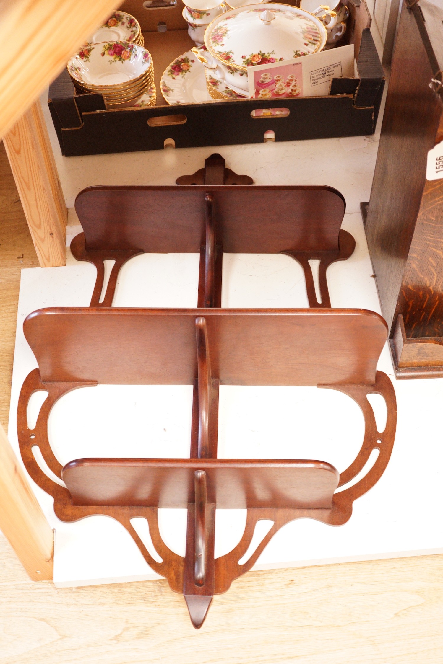 A Victorian wall shelf and oak letter box, tray, etc